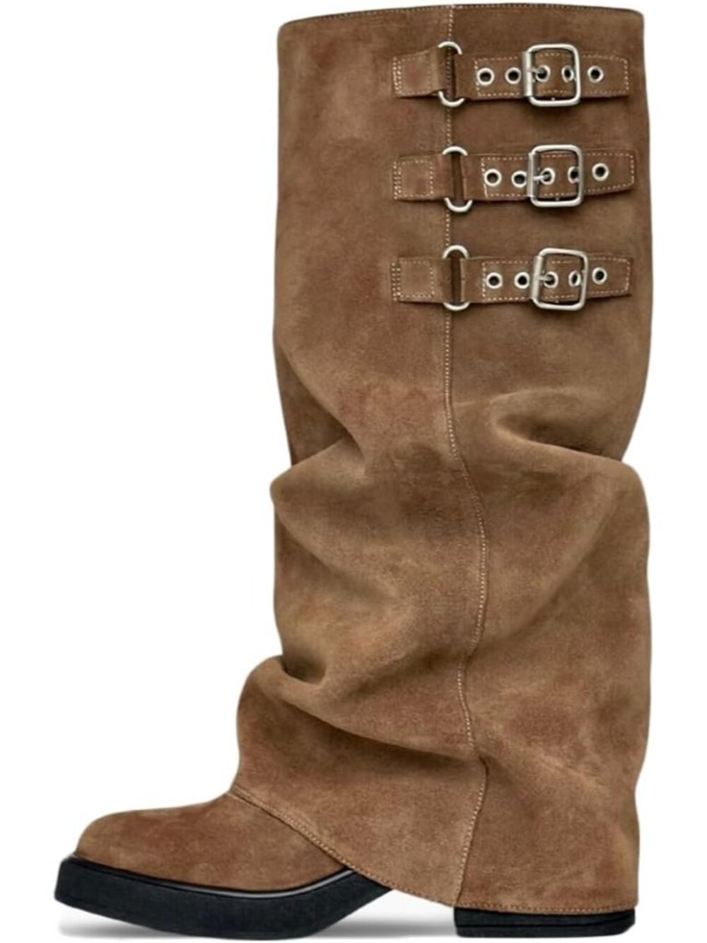 Women's Taupe Knee High Boots Platform Square Toe Slouchy Fold Over Tall Boots